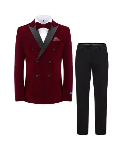 Men's 2 Piece Double Breasted Velvet Birdseye Lapel Slim Fit Tuxedo-Burgundy - 5