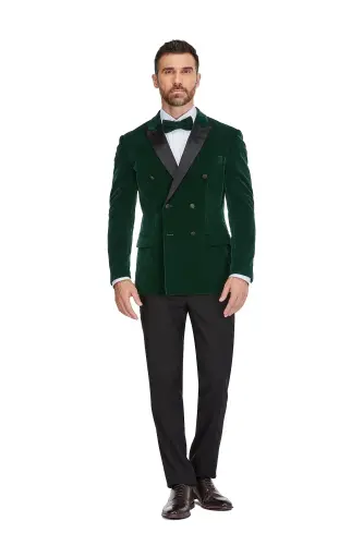 Men's 2 Piece Double Breasted Velvet Birdseye Lapel Slim Fit Tuxedo-Hunter green - 1