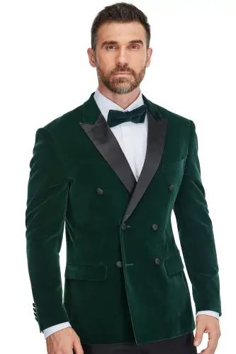 Men's 2 Piece Double Breasted Velvet Birdseye Lapel Slim Fit Tuxedo-Hunter green - GINO VITALE (1)