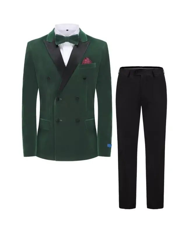 Men's 2 Piece Double Breasted Velvet Birdseye Lapel Slim Fit Tuxedo-Hunter green - 5
