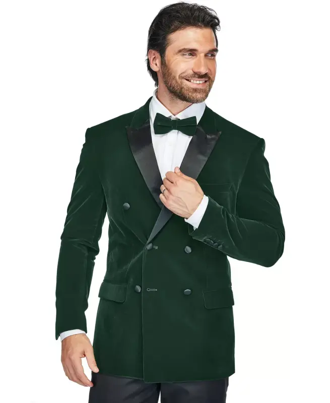 Men's 2 Piece Double Breasted Velvet Birdseye Lapel Slim Fit Tuxedo-Hunter green - 6
