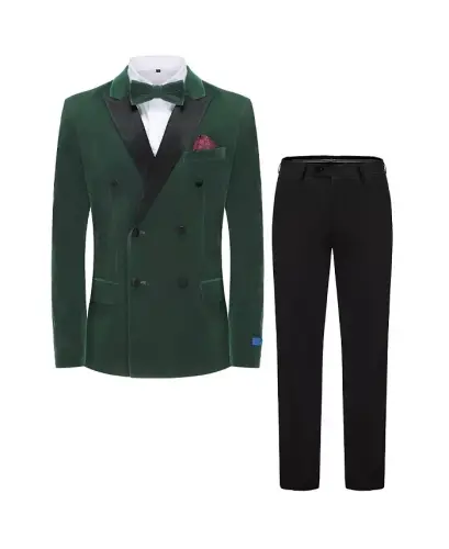 Men's 2 Piece Double Breasted Velvet Birdseye Lapel Slim Fit Tuxedo-Hunter green - 5