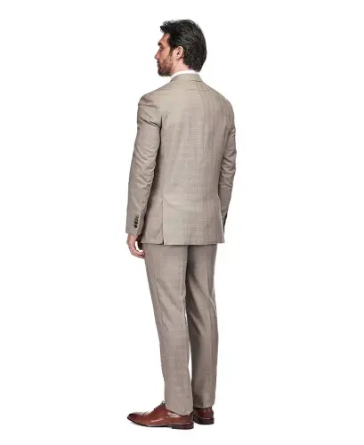 Men's 2 Piece Slim Fit Brown Check Double Breasted Suit-Light brown - 3