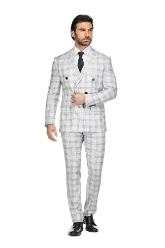 Men's 2 Piece Slim Fit Grey Check Double Breasted Suit - 1