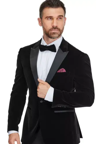 Men's 2-Piece Velvet Birdseye Lapel Slim-Fit Tuxedo - Black - 2