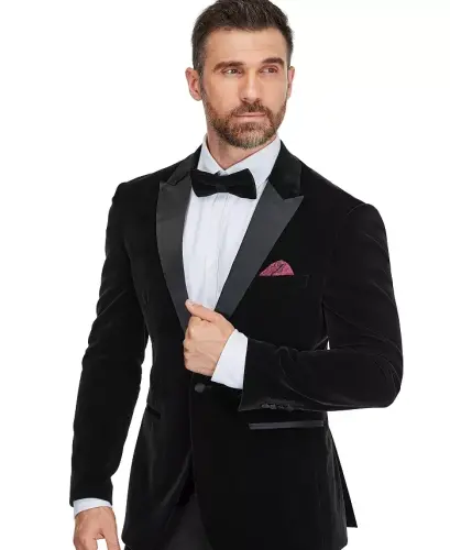 Men's 2-Piece Velvet Birdseye Lapel Slim-Fit Tuxedo - Black - 2