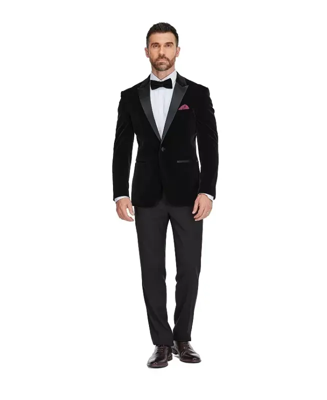 Men's 2-Piece Velvet Birdseye Lapel Slim-Fit Tuxedo - Black - GINO VITALE