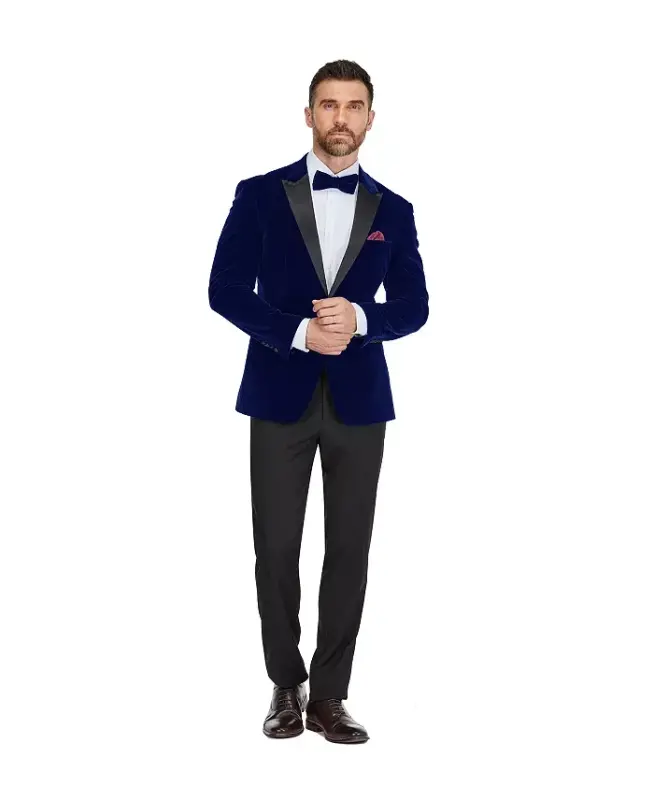 Men's 2-Piece Velvet Birdseye Lapel Slim-Fit Tuxedo - Blue - 1