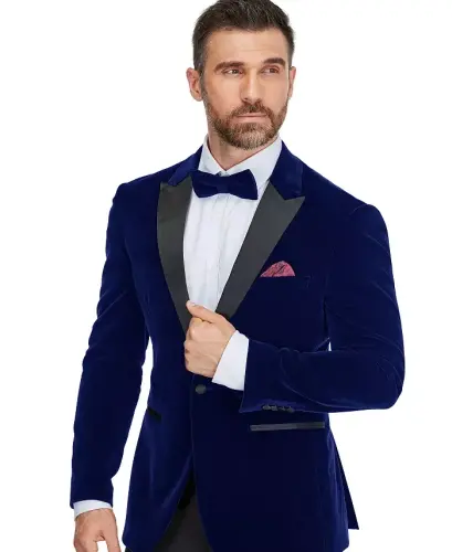 Men's 2-Piece Velvet Birdseye Lapel Slim-Fit Tuxedo - Blue - GINO VITALE (1)