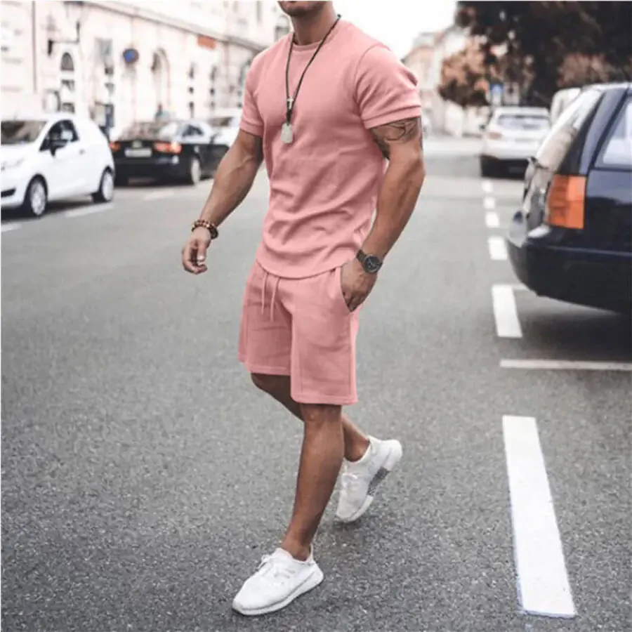 Mens 2 Pieces Shorts Set, Men Short Outfits Casual Tracksuit Short Sleeve T Shirt and Shorts Set - 2