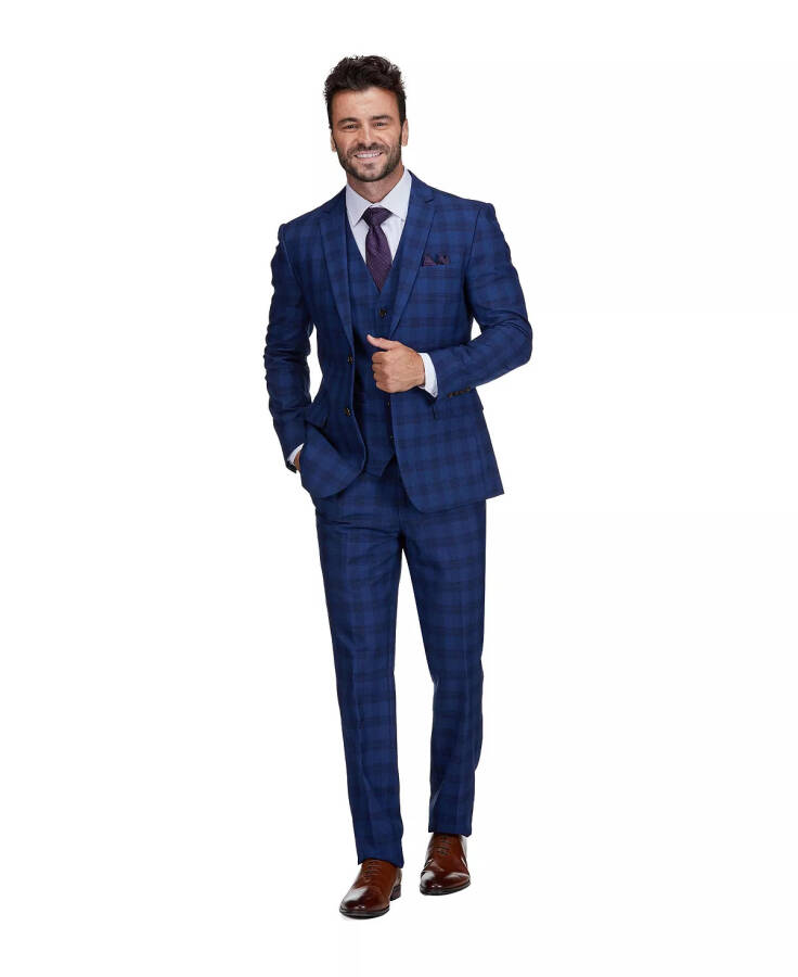 Men's 3-Piece Performance Stretch Slim Fit Check Suit Blue - 4