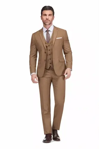 Men's 3-Piece Premium Vested 3-Piece Slim Fit Suit - Caramel - 1