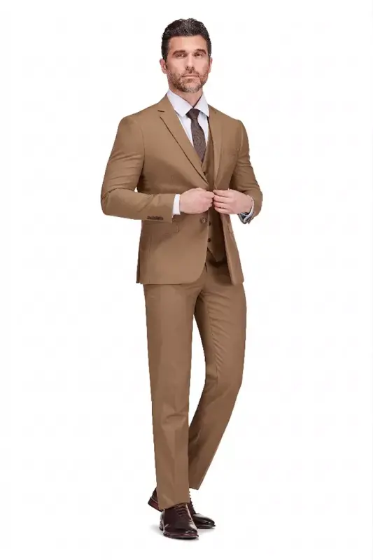 Men's 3-Piece Premium Vested 3-Piece Slim Fit Suit - Caramel - 2