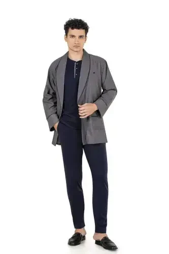 Men's 3-Piece Short Robe Set-NAVY BLUE - 4