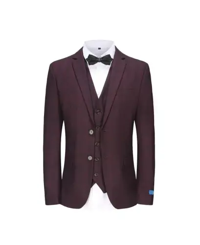 Men's 3-Piece Slim Fit Check Suit-Burgundy 