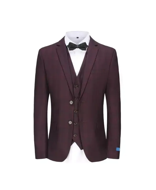 Men's 3-Piece Slim Fit Check Suit-Burgundy - GINO VITALE