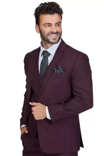 Men's 3-Piece Slim Fit Check Suit-Burgundy - 2