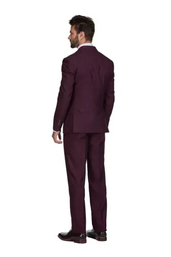 Men's 3-Piece Slim Fit Check Suit-Burgundy - 5