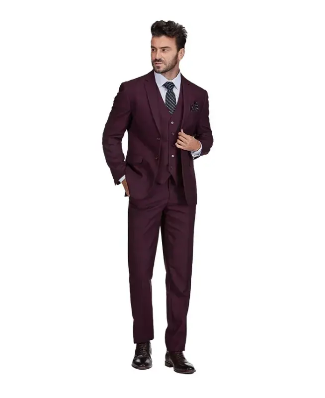 Men's 3-Piece Slim Fit Check Suit-Burgundy - 3