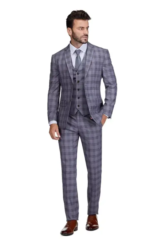 Men's 3-Piece Slim Fit Check Suit-Grey - GINO VITALE