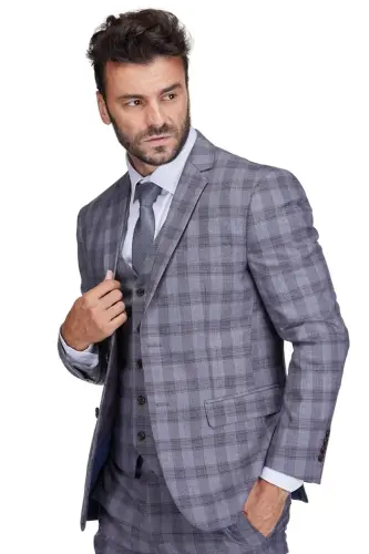 Men's 3-Piece Slim Fit Check Suit-Grey - GINO VITALE (1)
