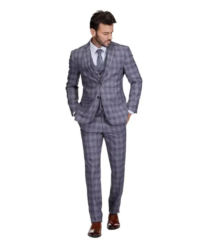 Men's 3-Piece Slim Fit Check Suit-Grey - 3