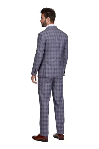 Men's 3-Piece Slim Fit Check Suit-Grey - 4
