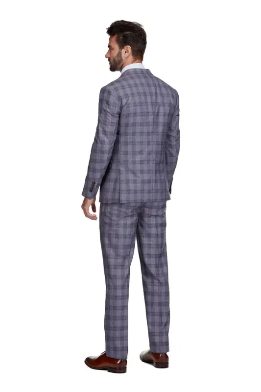 Men's 3-Piece Slim Fit Check Suit-Grey - 4