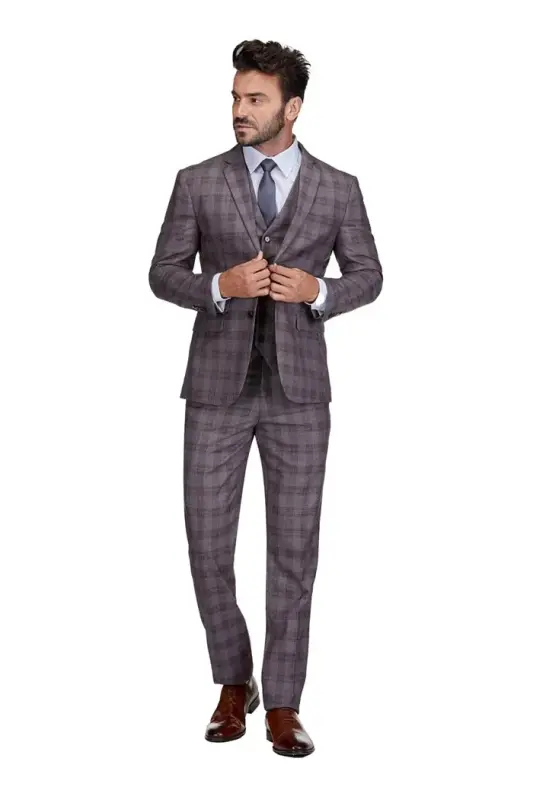 Men's 3-Piece Slim Fit Check Suit-Light brown - 1