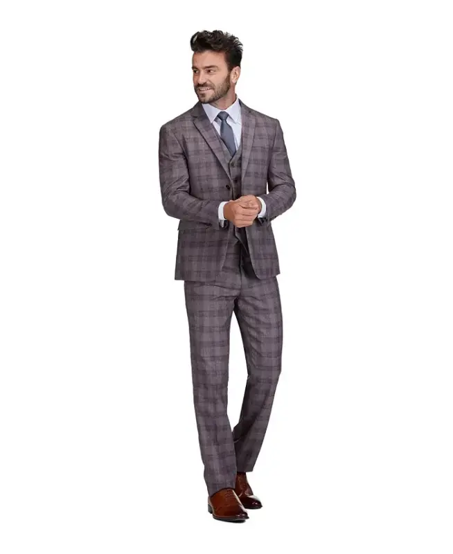 Men's 3-Piece Slim Fit Check Suit-Light brown - 3