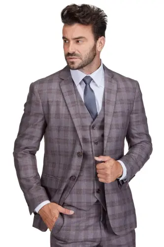 Men's 3-Piece Slim Fit Check Suit-Light brown - 4
