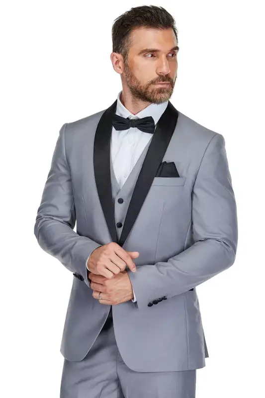 Men's 3-Piece Slim Fit Shawl Lapel Tuxedo - Grey - 2