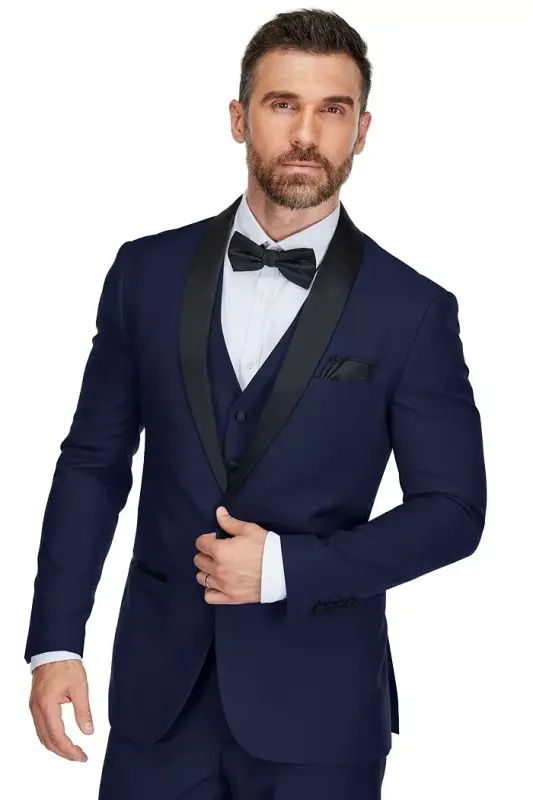 Men's 3-Piece Slim Fit Shawl Lapel Tuxedo - Navy - 3