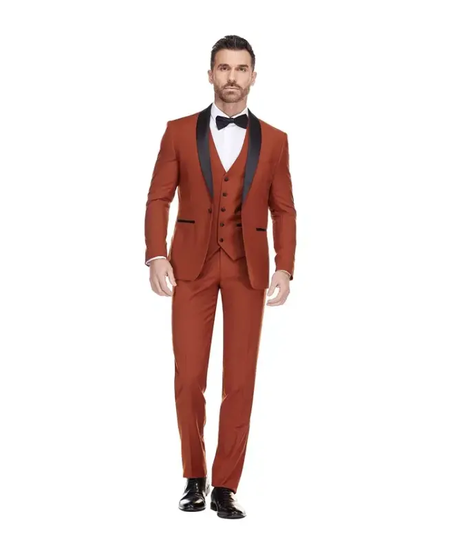 Men's 3-Piece Slim Fit Shawl Lapel Tuxedo - Rust - GINO VITALE