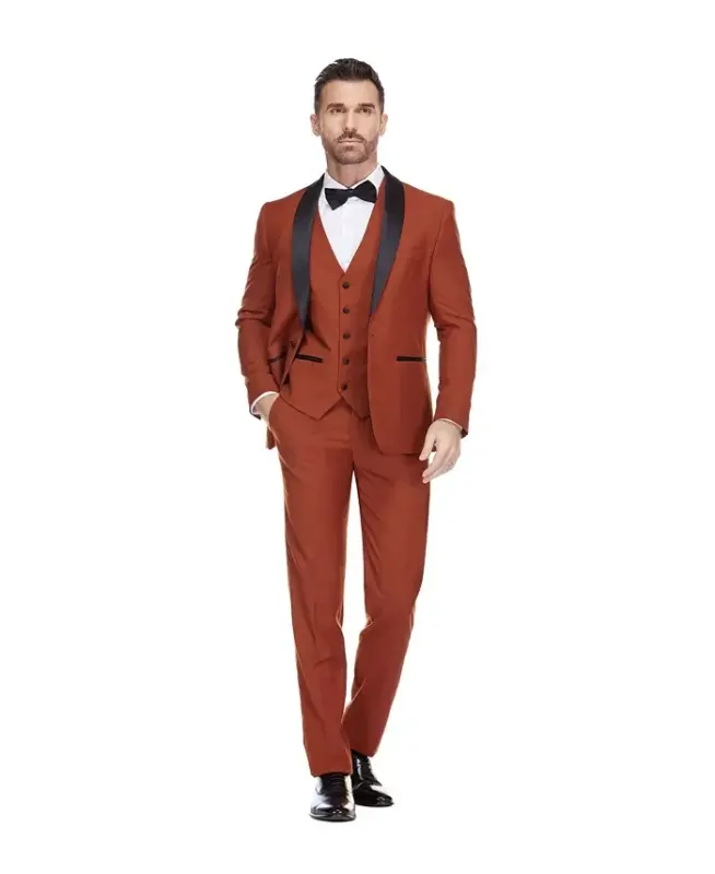 Men's 3-Piece Slim Fit Shawl Lapel Tuxedo - Rust - 4