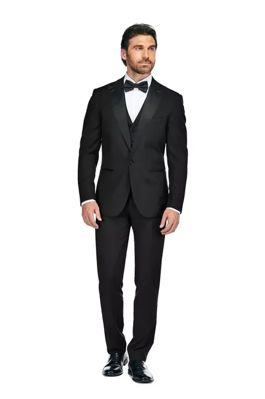 Men's 3-Piece Slim Fit Tuxedo with Peak Lapel - Black - GINO VITALE