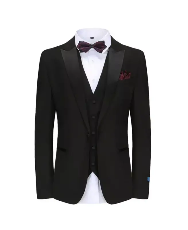 Men's 3-Piece Slim Fit Tuxedo with Peak Lapel - Black - 2