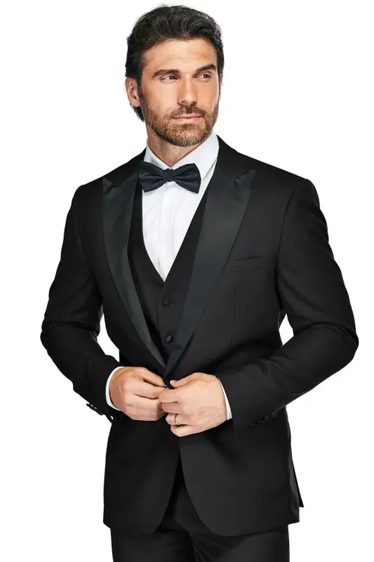 Men's 3-Piece Slim Fit Tuxedo with Peak Lapel - Black - 4