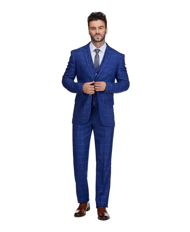 Men's 3-Piece Windowpane Plaid Slim Fit Suit - 4