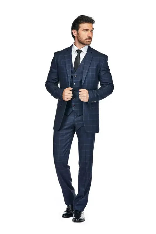 Men's 3-Piece Windowpane Plaid Slim Fit Suit - 2