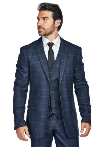 Men's 3-Piece Windowpane Plaid Slim Fit Suit - 3