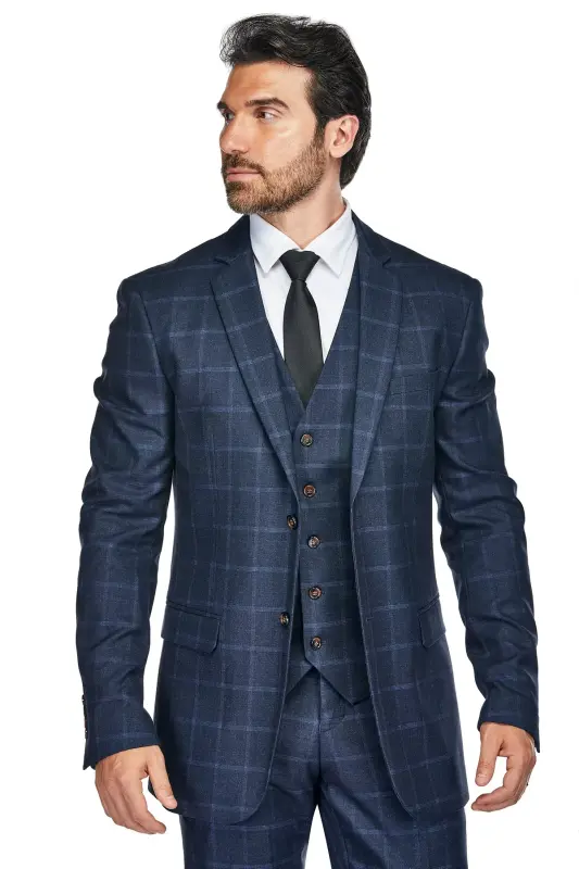 Men's 3-Piece Windowpane Plaid Slim Fit Suit - 3
