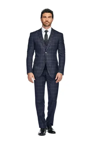 Men's 3-Piece Windowpane Plaid Slim Fit Suit - 1