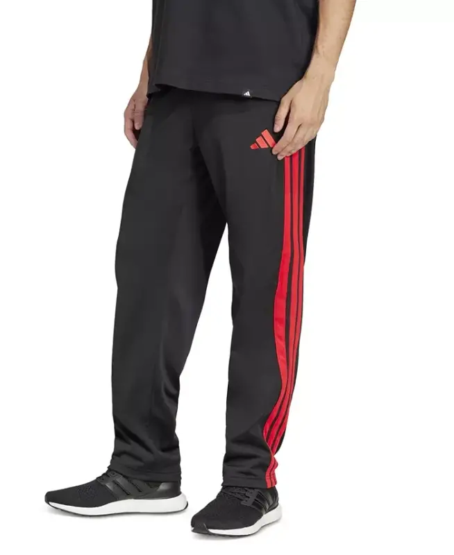 Men's 3-Stripes Regular Open Hem Track Pants - Black/Red - ADIDAS