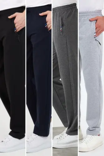 Men's 4-Piece Tracksuit Bottoms Zipper Pocket Embroidered Detail Straight Leg Relaxed Fit-Black 