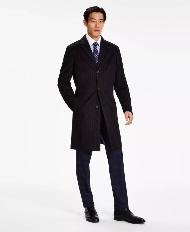 Men's Addison Wool-Blend Trim Fit Overcoat Black Pinstripe - 1