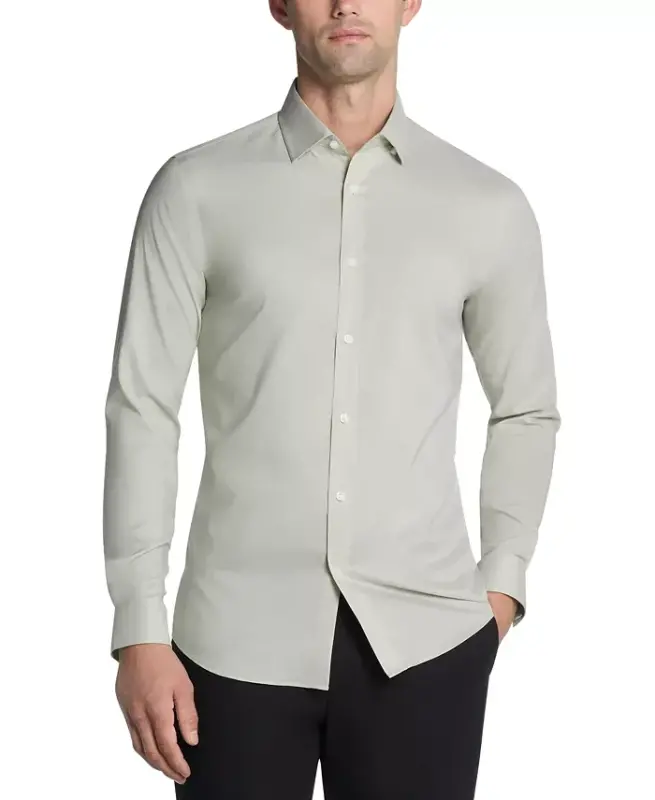 Men's Airsoft Slim Fit Untucked Length Wrinkle Free Stretch Dress Shirt - Sage Green - 1