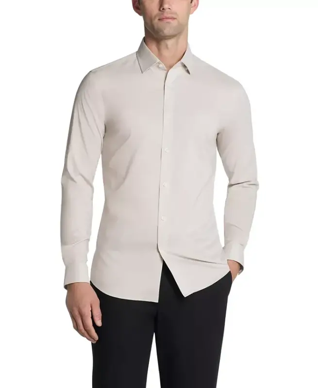 Men's Airsoft Slim Fit Untucked Length Wrinkle Free Stretch Dress Shirt - Sand - 1