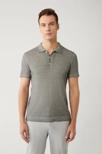 Men's Anthracite 3-Button Polo Collar Knit Regular Fit T-Shirt A41Y5067 - Anthracite - 3