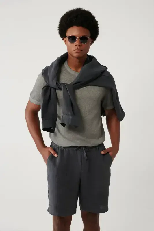 Men's Anthracite Bicycle Neck Garment Dyed Paint Effect Regular Fit Knit T-shirt A41y5074 - AVVA